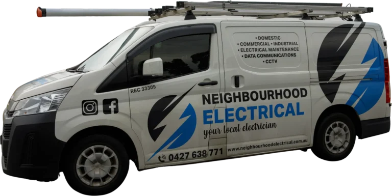 Neighborhood Electrical service van with ladder on top.